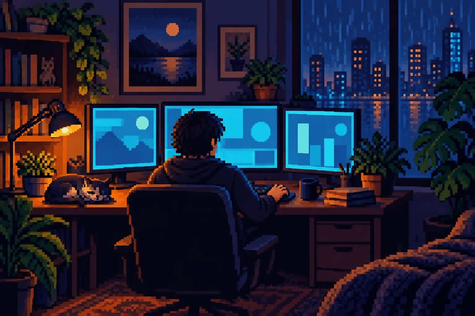 A cosy pixel-art workstation at night, with warm lamplight and cyan screens.