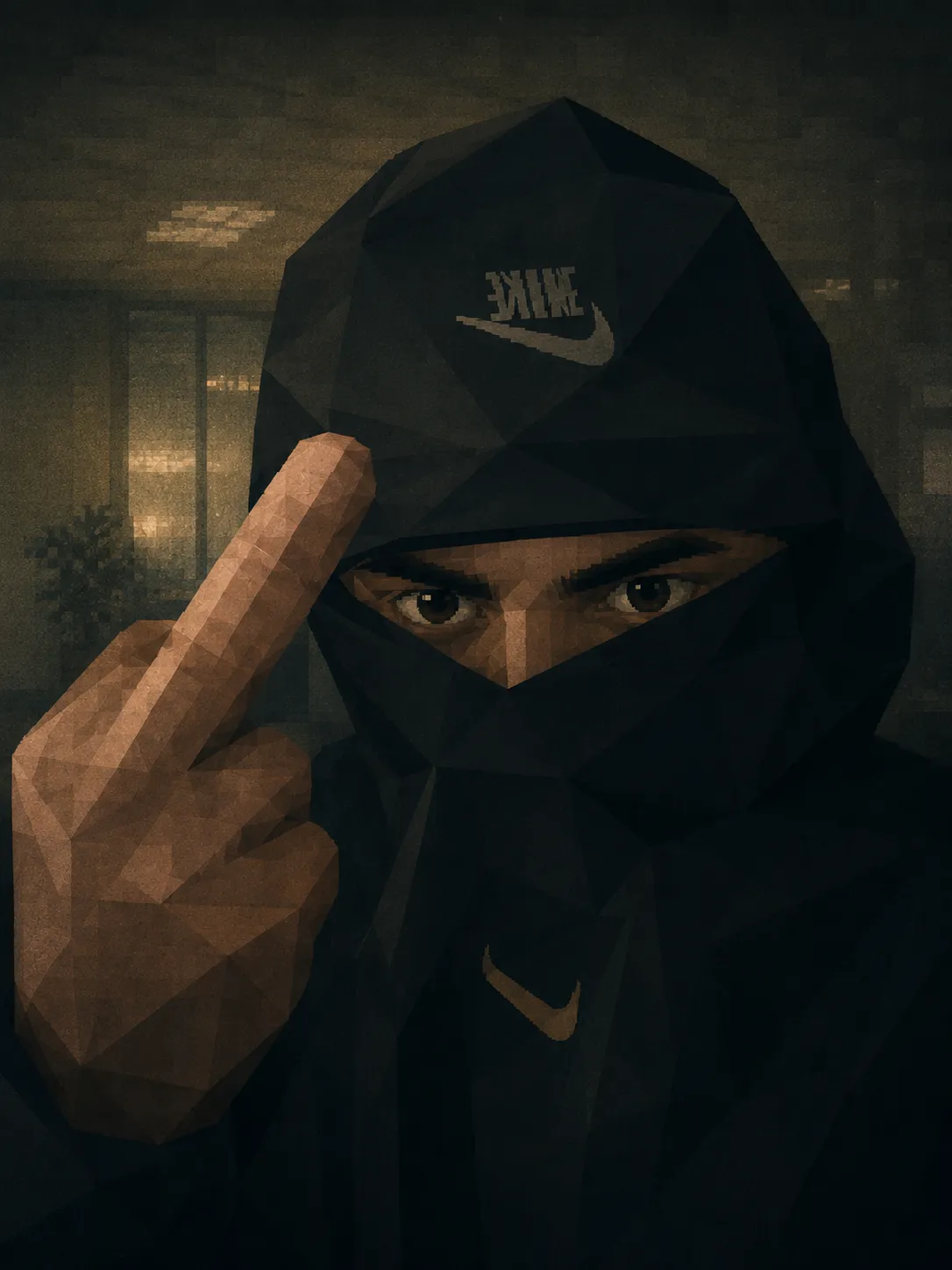 Low-poly rendered portrait of a hooded, masked figure raising a hand, set against a dim office interior.